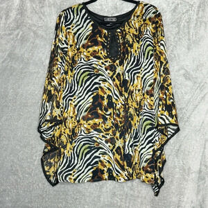 Metro 22 2X Shirt Top Brown Animal Print 3/4 Sleeve Keyhole Scoop Neck Beaded